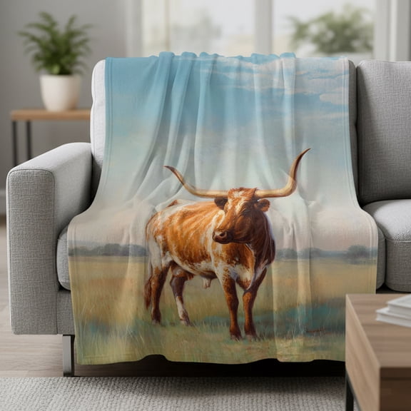 Fleece Blanket Texas Longhorn Grass Sunset Blankets,Soft Cozy Warm Flannel Throw Blanket,Farmhouse Natural Landscape Blanket for Bed Couch Sofa 30x40in