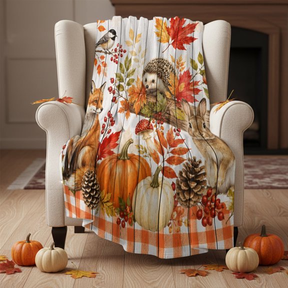 Fleece Blanket Thanksgiving Red Fox Rabbit Hedgehog Blankets,Soft Cozy Warm Flannel Throw Blanket,Maple Leaves Blanket for Bed Couch Sofa 30x40in