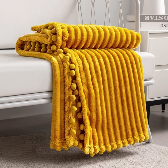 Fleece Blanket Throw, 51x63 Inch Soft Plush Fluffy Blanket, Pompom Fringe Flannel, Warm Cozy Lightweight, for Couch, Bed, Sofa, Camping, Picnic, Gift, Yellow