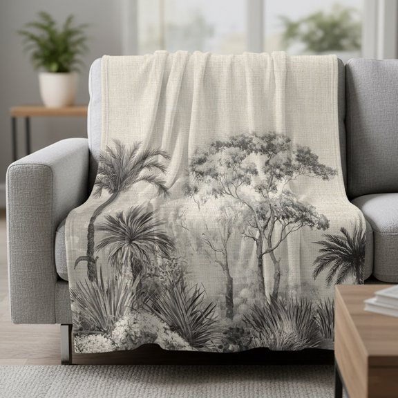 Fleece Blanket Tropical Dense Forest on Burlap Blankets,Soft Cozy Warm Flannel Throw Blanket,Rustic Retro Gray Plant Blanket for Bed Couch Sofa 30x40in