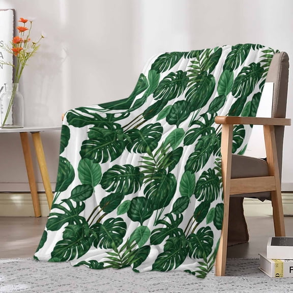 Fleece Blanket Tropical Plants Turtle Backwood Blankets, Soft Cozy Warm Flannel Throw Blanket, Watercolor Green Leaves Blanket for Bed Couch Sofa,30x40In