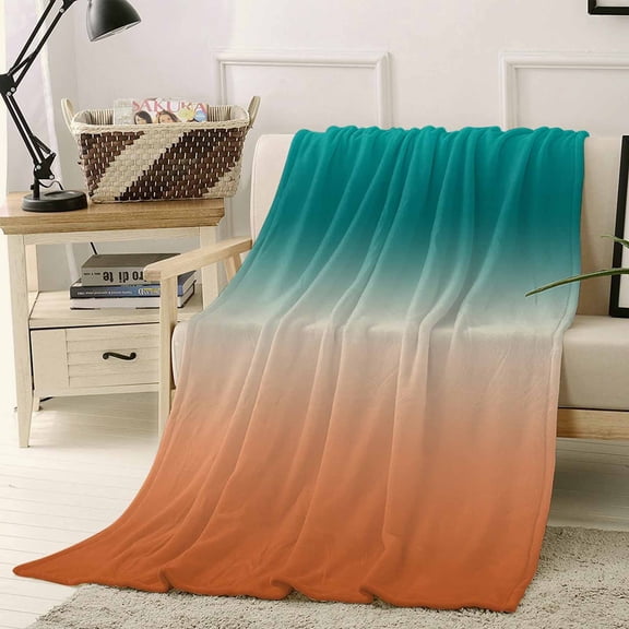 Fleece Blanket Turquoise Orange Gradient Blankets, Soft Cozy Warm Flannel Throw Blanket, Watercolor Stripes Ombre Blanket for Bed Couch Sofa,40x50In