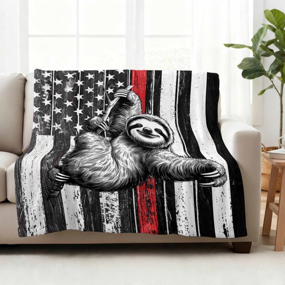 Fleece Blanket USA Flag Red Line Firefighter with Sloth Blankets,Soft Cozy Warm Flannel Throw Blanket,Wooden Texture Blanket for Bed Couch Sofa 40x50in