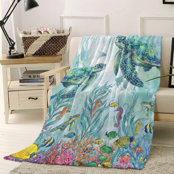 Fleece Blanket Undersea World Ocean Turtle Coral Blankets, Soft Cozy Warm Flannel Throw Blanket, Marine Life Seaweed Fish Blanket for Bed Couch Sofa,40x50In