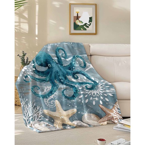 Fleece Blanket Underwater Life Octopus Starfish Blankets, Soft Cozy Warm Flannel Throw Blanket, Ocean Coral Shell Retro Back Blanket for Bed Couch Sofa,50x60In