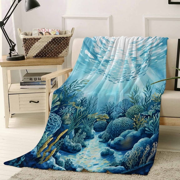 Fleece Blanket Underwater World Coral Seaweed Blankets, Soft Cozy Warm Flannel Throw Blanket, Seafloor Ocean Life Fish Blanket for Bed Couch Sofa,40x50In