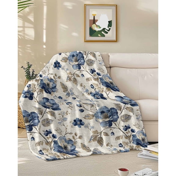 Fleece Blanket Vintage Blue Blossom Flower Art Blankets, Soft Cozy Warm Flannel Throw Blanket, Floral Leaves on Burlap Blanket for Bed Couch Sofa,50x60In