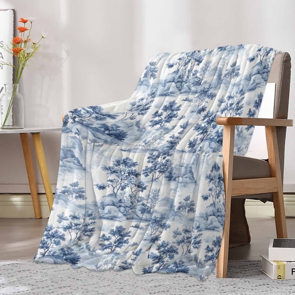 Fleece Blanket Vintage Blue Garden Tree Mountain Blankets, Soft Cozy Warm Flannel Throw Blanket, Chinoiserie Landscape Blanket for Bed Couch Sofa,30x40In