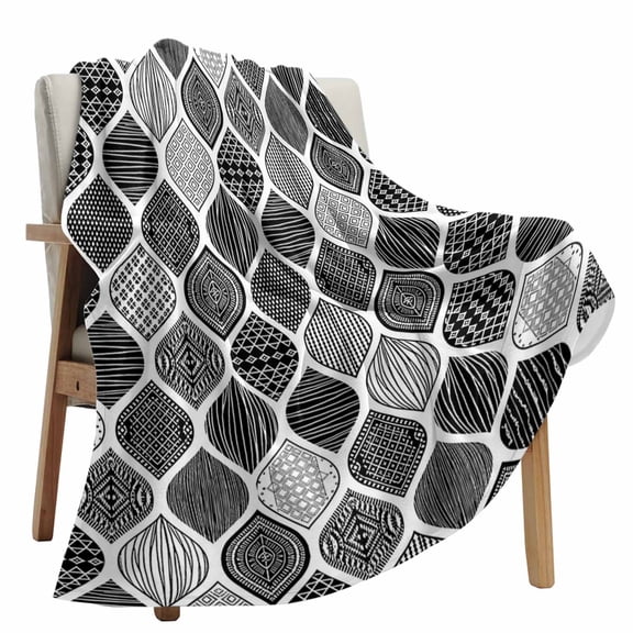 Fleece Blanket Vintage Ethnic Black Geometric Blankets, Soft Cozy Warm Flannel Throw Blanket, Abstract Tribal Art lanket for Bed Couch Sofa,50x80In