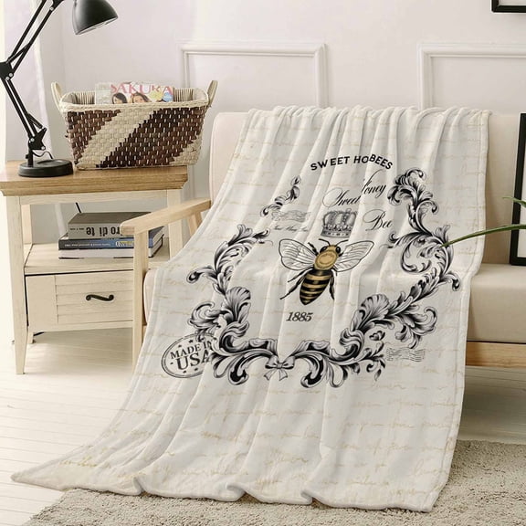 Fleece Blanket Vintage Farmhouse Bee Blankets, Soft Cozy Warm Flannel Throw Blanket, Animal on Letter Blanket for Bed Couch Sofa,40x50In