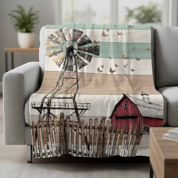 Fleece Blanket Vintage Farmhouse Windmill House Blankets,Soft Cozy Warm Flannel Throw Blanket,Rural Butterfly Wood Grain Blanket for Bed Couch Sofa 50x60in