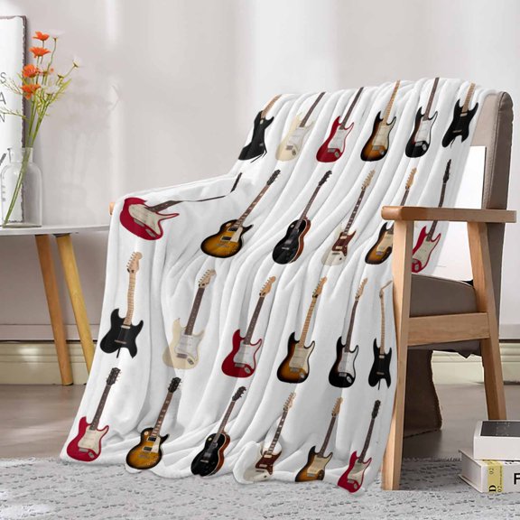 Fleece Blanket Vintage Musical Instrument Blankets, Soft Cozy Warm Flannel Throw Blanket, Cartoon Guitar Bass Blanket for Bed Couch Sofa,30x40In