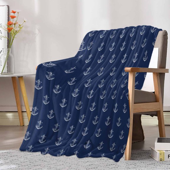Fleece Blanket Vintage Nautical Anchor Blankets, Soft Cozy Warm Flannel Throw Blanket, Navy Blue Background Blanket for Bed Couch Sofa,30x40In
