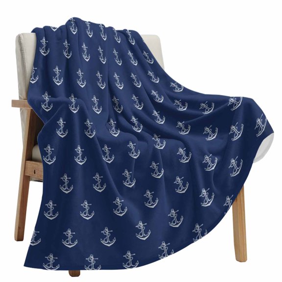 Fleece Blanket Vintage Nautical Anchor Blankets, Soft Cozy Warm Flannel Throw Blanket, Navy Blue Background lanket for Bed Couch Sofa,50x80In