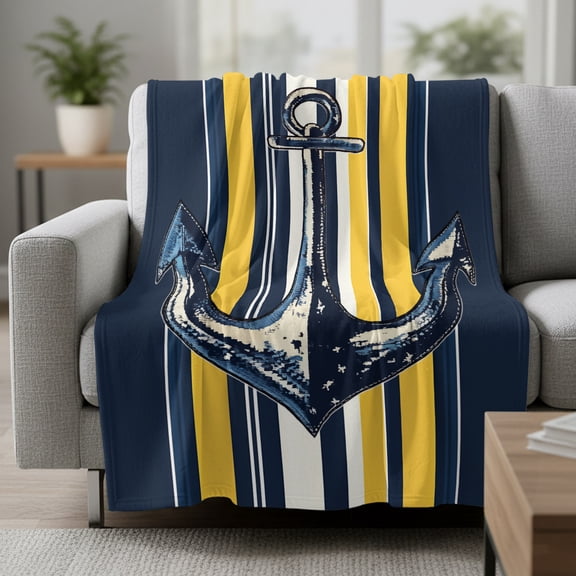 Fleece Blanket Vintage Nautical Anchor Blankets,Soft Cozy Warm Flannel Throw Blanket,Navy Blue Yellow Striped Blanket for Bed Couch Sofa 50x60in