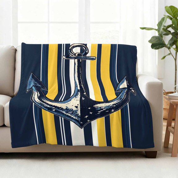 Fleece Blanket Vintage Nautical Anchor Blankets,Soft Cozy Warm Flannel Throw Blanket,Navy Blue Yellow Striped Blanket for Bed Couch Sofa 50x80in