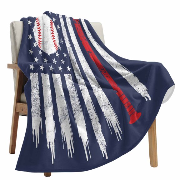 Fleece Blanket Vintage Navy Blue Baseball Blankets, Soft Cozy Warm Flannel Throw Blanket, USA Flag Abstract lanket for Bed Couch Sofa,50x80In