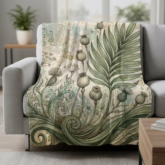 Fleece Blanket Vintage Poppy Pods Sage Green Fern Leaf Blankets,Soft Cozy Warm Flannel Throw Blanket,Abstract Botanical Blanket for Bed Couch Sofa 30x40in