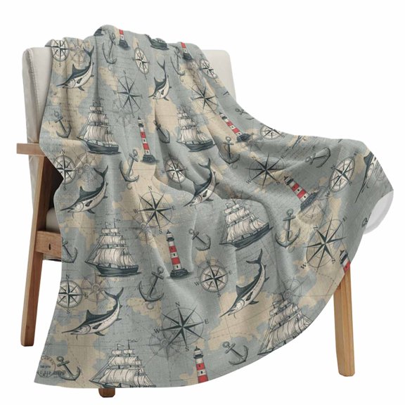 Fleece Blanket Vintage Sailing Boat Lighthouse Blankets, Soft Cozy Warm Flannel Throw Blanket, Nautical Compass Anchor lanket for Bed Couch Sofa,50x80In