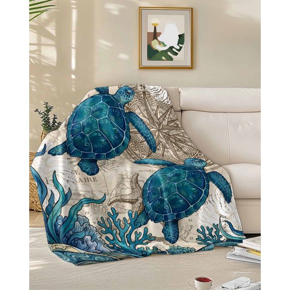 Fleece Blanket Vintage Sea Turtle Seaweed Starfish Blankets, Soft Cozy Warm Flannel Throw Blanket, Compass Shell World Map Blanket for Bed Couch Sofa,50x60In