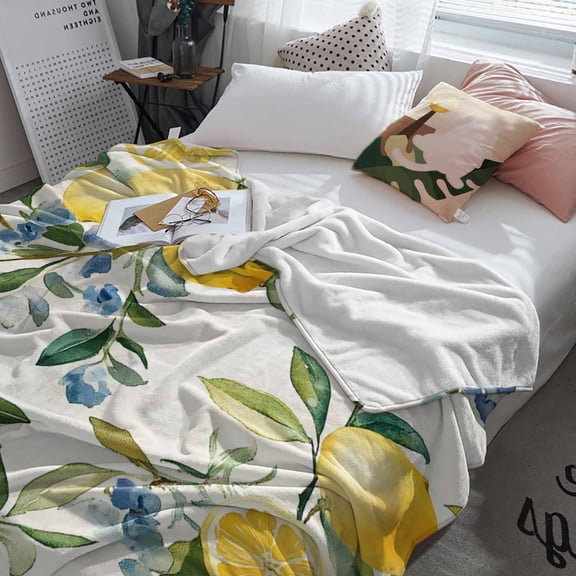 Fleece Blanket Vintage Summer Lemon Tree Blankets, Soft Cozy Warm Flannel Throw Blanket, Spring Blue Flower Leaves Blanket for Bed Couch Sofa,60x80In
