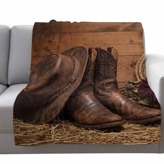 Fleece Blanket Vintage Western Cowboy Boots Hat Blankets,Soft Cozy Warm Flannel Throw Blanket,Rose Flower Farm Wood Grain Blanket for Bed Couch Sofa 30x40in