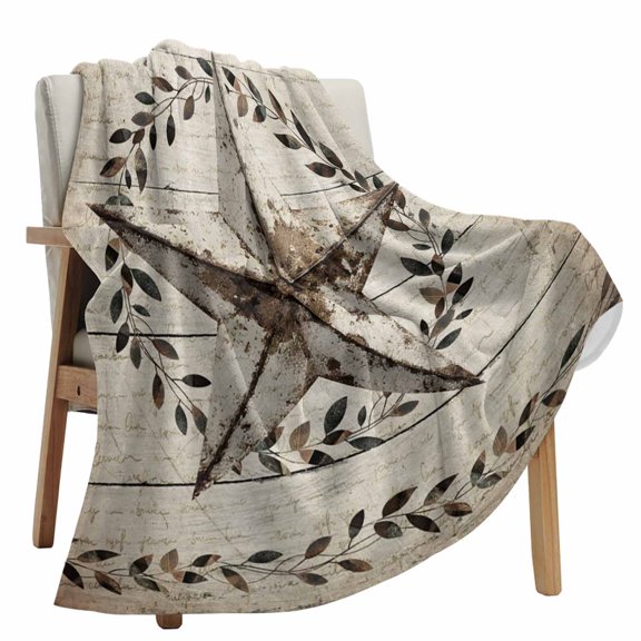 Fleece Blanket Vintage Western Star Leaf Blankets, Soft Cozy Warm Flannel Throw Blanket, Farmhouse Retro Wood Board Blanket for Bed Couch Sofa,40x60In