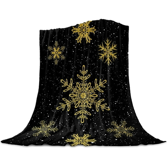 Fleece Blanket Warm Throw Blanket Merry Christmas Gold Snowflake Black Fuzzy Bed Blanket Comfy Microfiber Flannel Blanket,Lightweight Blanket for Couch,Bed,Sofa,40x50 Inch