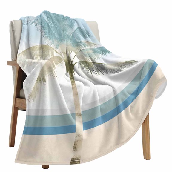 Fleece Blanket Watercolor Beach Palm Trees Blankets, Soft Cozy Warm Flannel Throw Blanket, Blue Green Stripe lanket for Bed Couch Sofa,50x80In