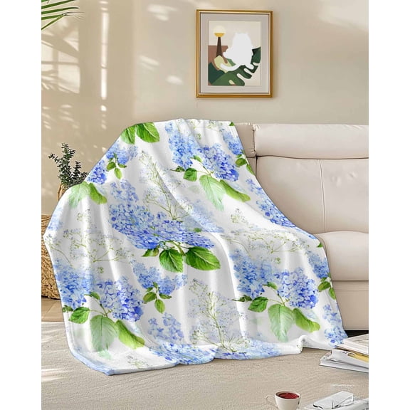 Fleece Blanket Watercolor Blue Flower Hydrangea Blankets, Soft Cozy Warm Flannel Throw Blanket, Green Leaves Floral Blanket for Bed Couch Sofa,50x60In