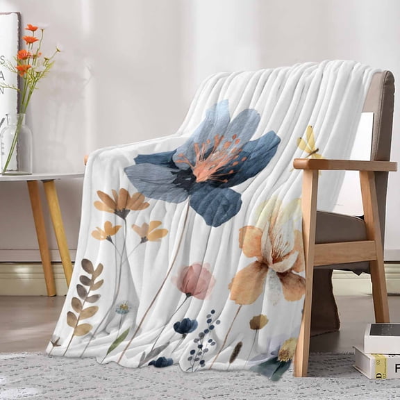 Fleece Blanket Watercolor Blue Yellow Floral Dragonfly Blankets, Soft Cozy Warm Flannel Throw Blanket, Flowers Leaves Blanket for Bed Couch Sofa,30x40In