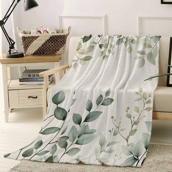 Fleece Blanket Watercolor Botanical Eucalyptus Leaf Blankets, Soft Cozy Warm Flannel Throw Blanket, Rustic Leaves on Burlap Blanket for Bed Couch Sofa,40x50In