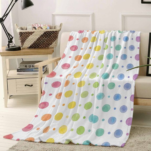 Fleece Blanket Watercolor Color Ombre Dot Polka Blankets, Soft Cozy Warm Flannel Throw Blanket, Colorful Dots on White Blanket for Bed Couch Sofa,40x50In