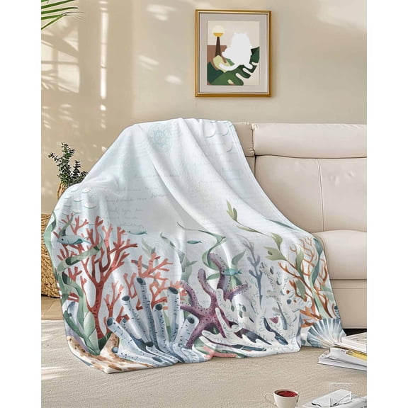 Fleece Blanket Watercolor Coral Fish Shell on Blue Letter Blankets, Soft Cozy Warm Flannel Throw Blanket, Marine Life Blanket for Bed Couch Sofa,50x60In
