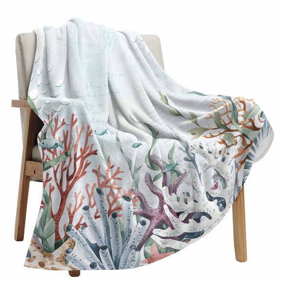 Fleece Blanket Watercolor Coral Fish Shell on Blue Letter Blankets, Soft Cozy Warm Flannel Throw Blanket, Marine Life lanket for Bed Couch Sofa,50x80In