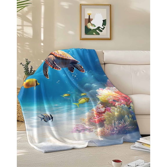 Fleece Blanket Watercolor Coral Sea Turtle Fish Blankets, Soft Cozy Warm Flannel Throw Blanket, Underwater World Blanket for Bed Couch Sofa,50x60In