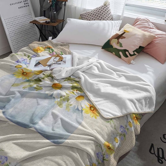 Fleece Blanket Watercolor Daisy Flower Leaves Blankets, Soft Cozy Warm Flannel Throw Blanket, Floral Bottle on Burlap Blanket for Bed Couch Sofa,60x80In