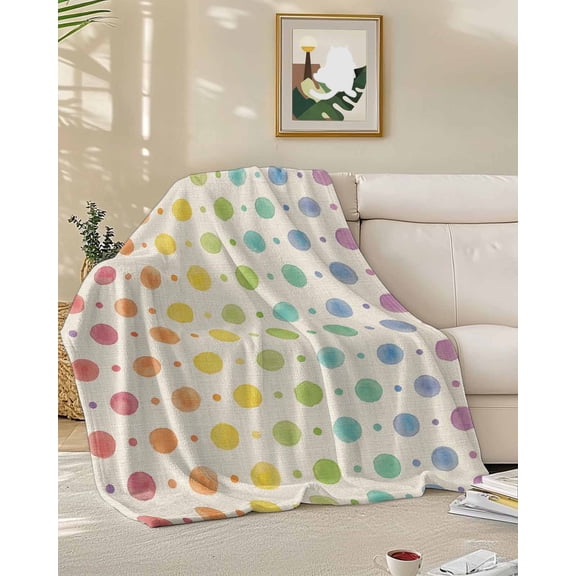Fleece Blanket Watercolor Dots on Linen Burlap Blankets, Soft Cozy Warm Flannel Throw Blanket, Colorful Ombre Dot Polka Blanket for Bed Couch Sofa,50x60In