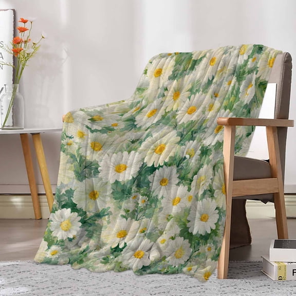 Fleece Blanket Watercolor Farm Daisy Flowers Blankets, Soft Cozy Warm Flannel Throw Blanket, Vintage Floral Art Blanket for Bed Couch Sofa,30x40In
