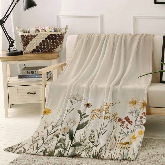 Fleece Blanket Watercolor Flower Leaves on Vintage Blankets, Soft Cozy Warm Flannel Throw Blanket, Summer Floral Blanket for Bed Couch Sofa,40x50In