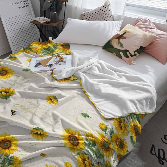 Fleece Blanket Watercolor Flowers Farm Bee Blankets, Soft Cozy Warm Flannel Throw Blanket, Country Yellow Sunflower Blanket for Bed Couch Sofa,60x80In