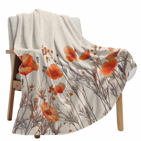 Fleece Blanket Watercolor Garden Flower Plant Blankets, Soft Cozy Warm Flannel Throw Blanket, Blossom Poppy Floral on Burlap Blanket for Bed Couch Sofa,40x60In
