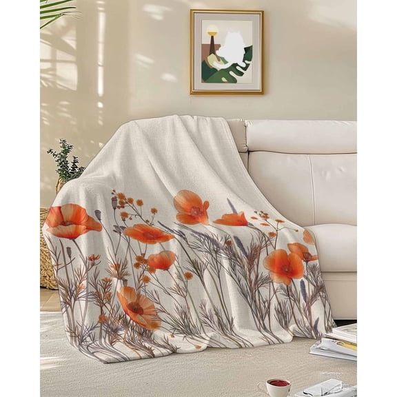 Fleece Blanket Watercolor Garden Flower Plant Blankets, Soft Cozy Warm Flannel Throw Blanket, Blossom Poppy Floral on Burlap Blanket for Bed Couch Sofa,50x60In