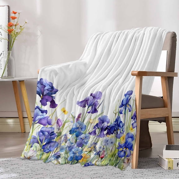 Fleece Blanket Watercolor Garden Spring Flower Iris Blankets, Soft Cozy Warm Flannel Throw Blanket, Blossom Floral on White Blanket for Bed Couch Sofa,30x40In