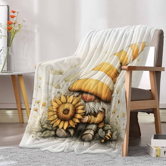 Fleece Blanket Watercolor Gnome with Sunflower Bee Blankets, Soft Cozy Warm Flannel Throw Blanket, Summer Retro Rustic Plant Blanket for Bed Couch Sofa,30x40In