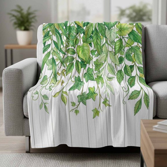 Fleece Blanket Watercolor Green Leaves Farm Wood Blankets,Soft Cozy Warm Flannel Throw Blanket,Farm Ivy Pothos Plant Blanket for Bed Couch Sofa 30x40in