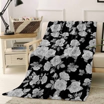 Fleece Blanket Watercolor Grey Rose Floral Leaf on Black Blankets, Soft Cozy Warm Flannel Throw Blanket, Vintage Rustic Flower Blanket for Bed Couch Sofa,40x50In