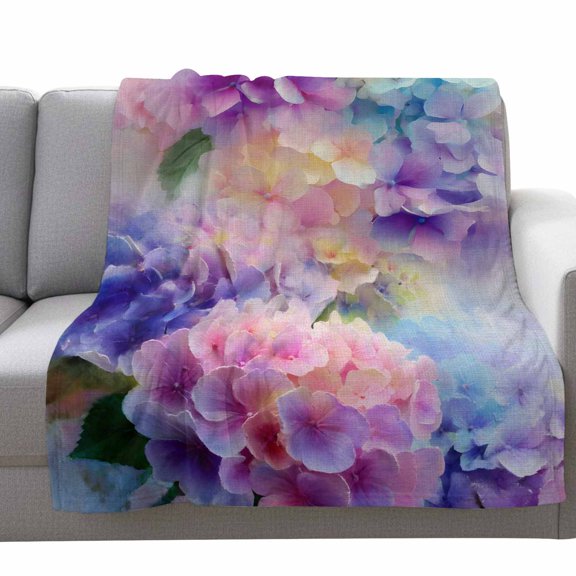 Fleece Blanket Watercolor Hydrangea Flower Blankets,Soft Cozy Warm Flannel Throw Blanket,Spring Floral Burlap Linen Blanket for Bed Couch Sofa 30x40in