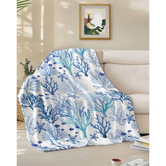Fleece Blanket Watercolor Ocean Coral Starfish Blankets, Soft Cozy Warm Flannel Throw Blanket, Summer Marine Life Fish Blanket for Bed Couch Sofa,50x60In