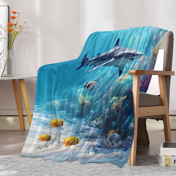 Fleece Blanket Watercolor Ocean Shark Coral Fish Blankets, Soft Cozy Warm Flannel Throw Blanket, Underwater Animal Blanket for Bed Couch Sofa,30x40In